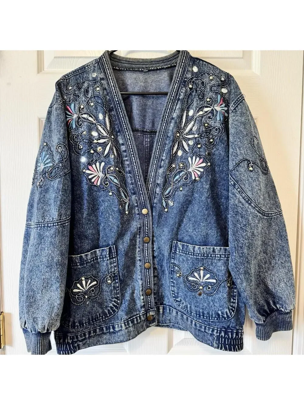 Vintage 90s Embellished Acid Wash Denim Jacket Oversized Cardigan Rhinesto Boho - Picture 1 of 9